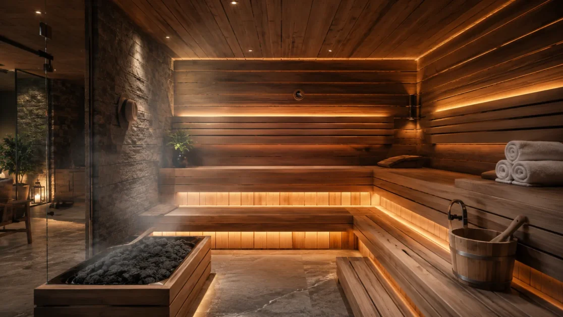 Luxury home sauna with warm LED lighting and calming spa atmosphere.