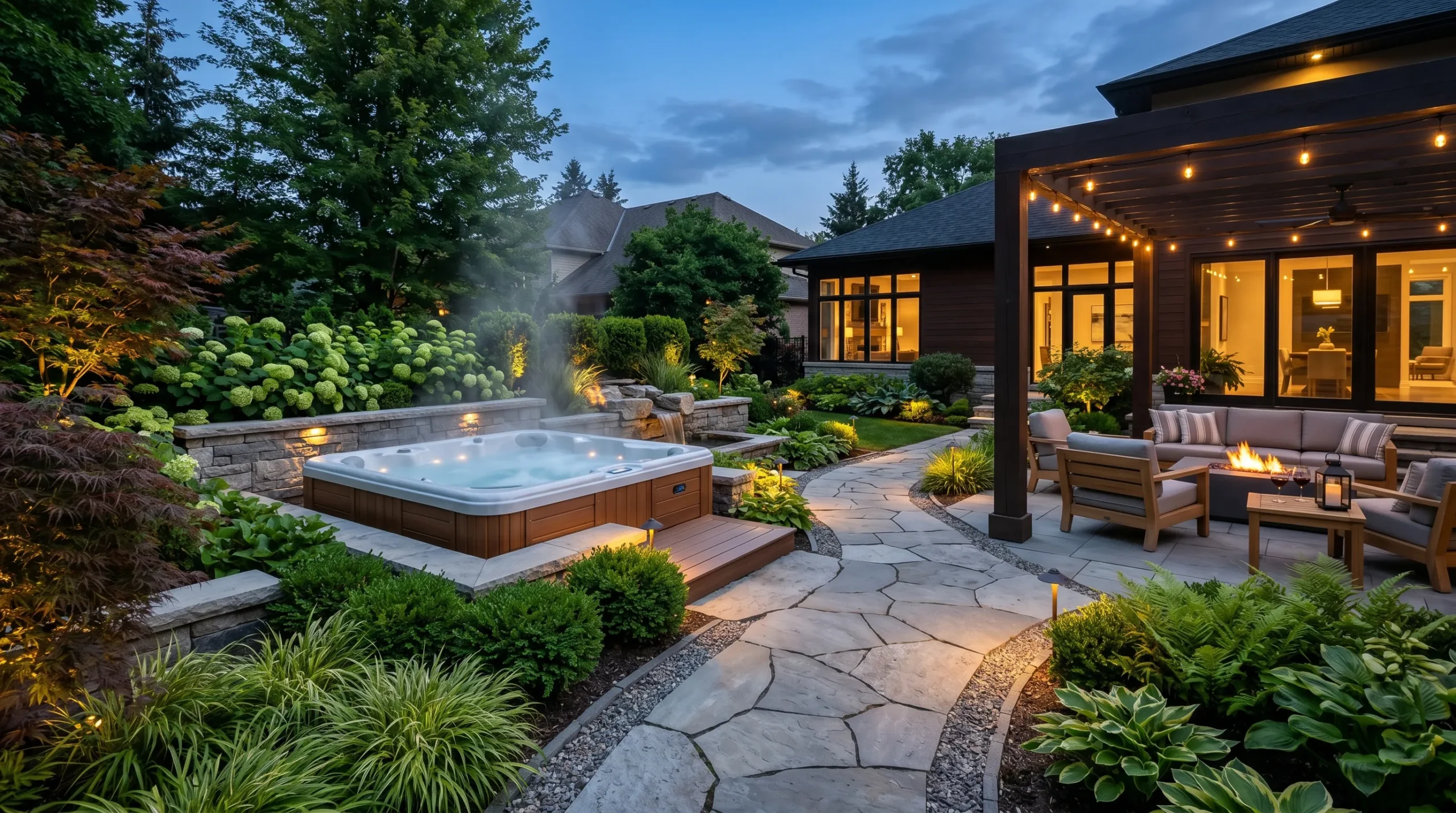 Landscaped backyard hot tub oasis