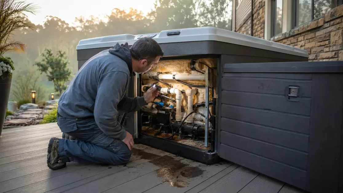 Hot Tub Leaking: How to Find and Fix the Problem 2 Man with flashlight examining plumbing inside a hot tub cabinet on a patio