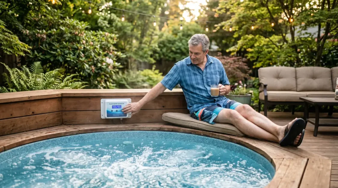 Man sitting on the edge of a hot tub adjusting a control panel while holding a coffee cup