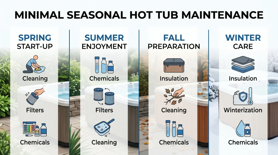 Minimal seasonal infographic showing hot tub maintenance costs across four seasons.