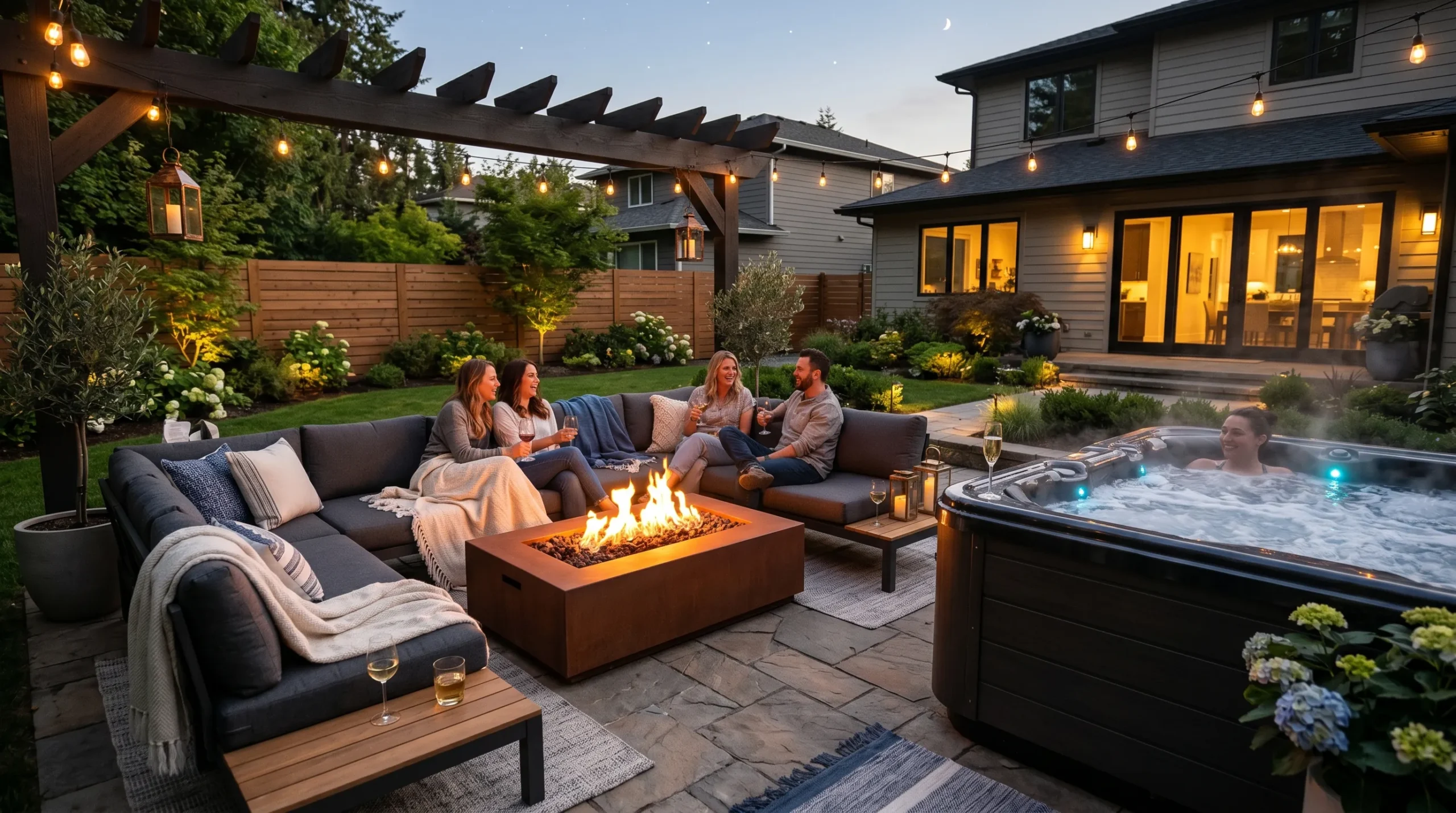 Modern backyard hot tub and fire pit lounge