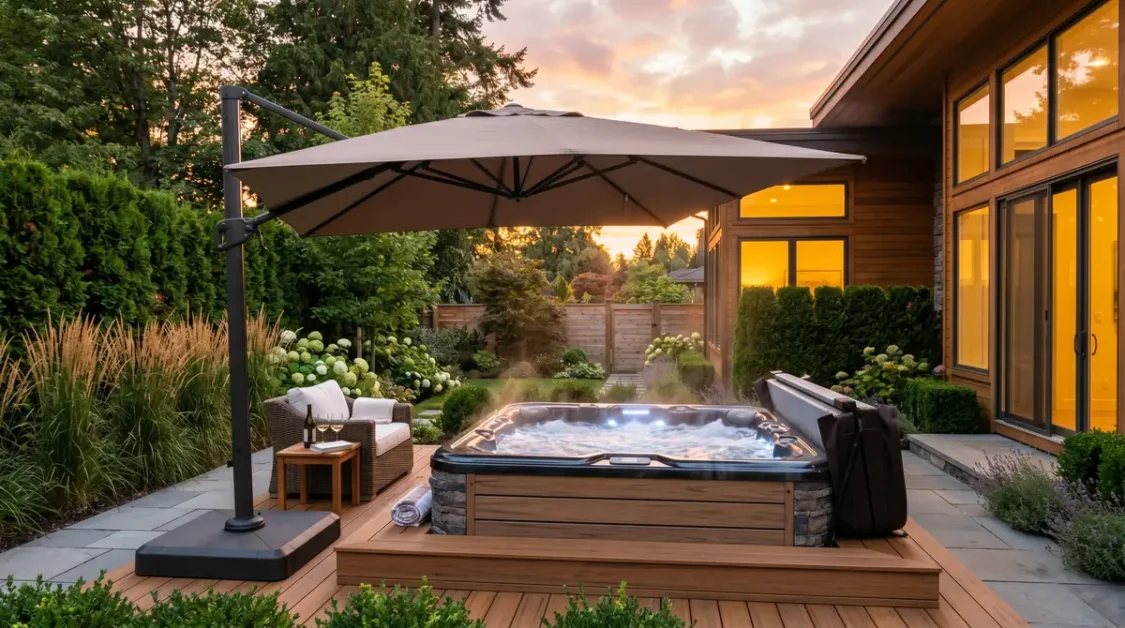 Hot tub with steaming water under large umbrella on wooden deck in backyard garden at sunset