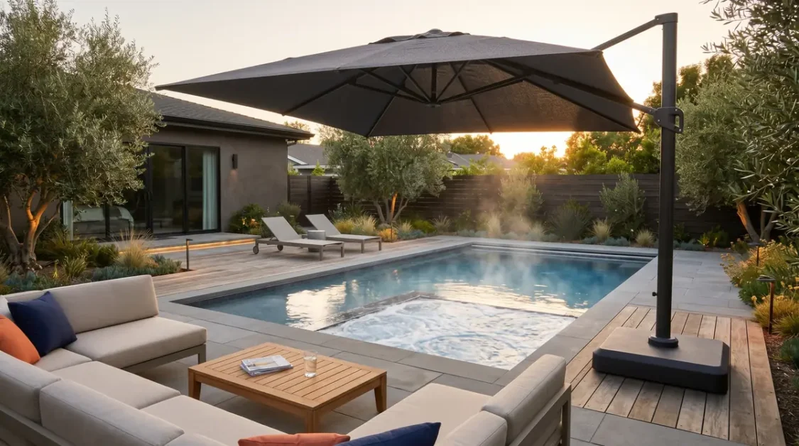 Backyard pool and hot tub with lounge chairs and umbrella at sunset