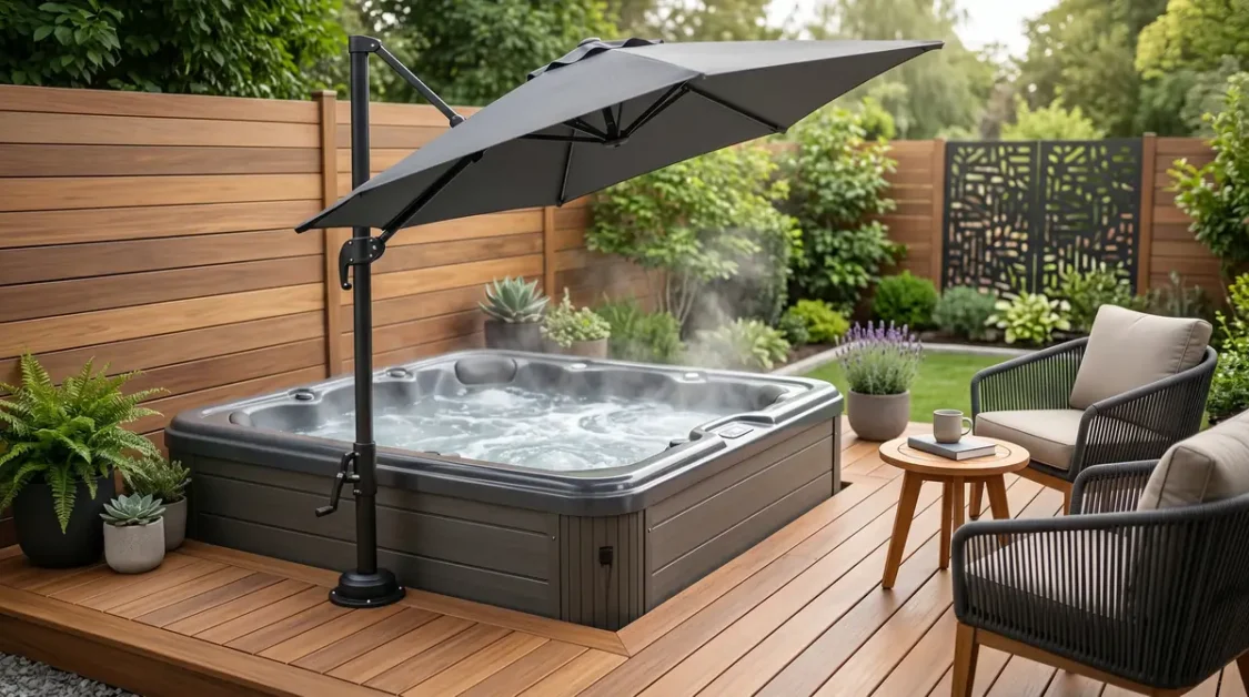 Outdoor hot tub with spa side umbrella, steaming water on wooden deck beside black umbrella and chairs with potted plants
