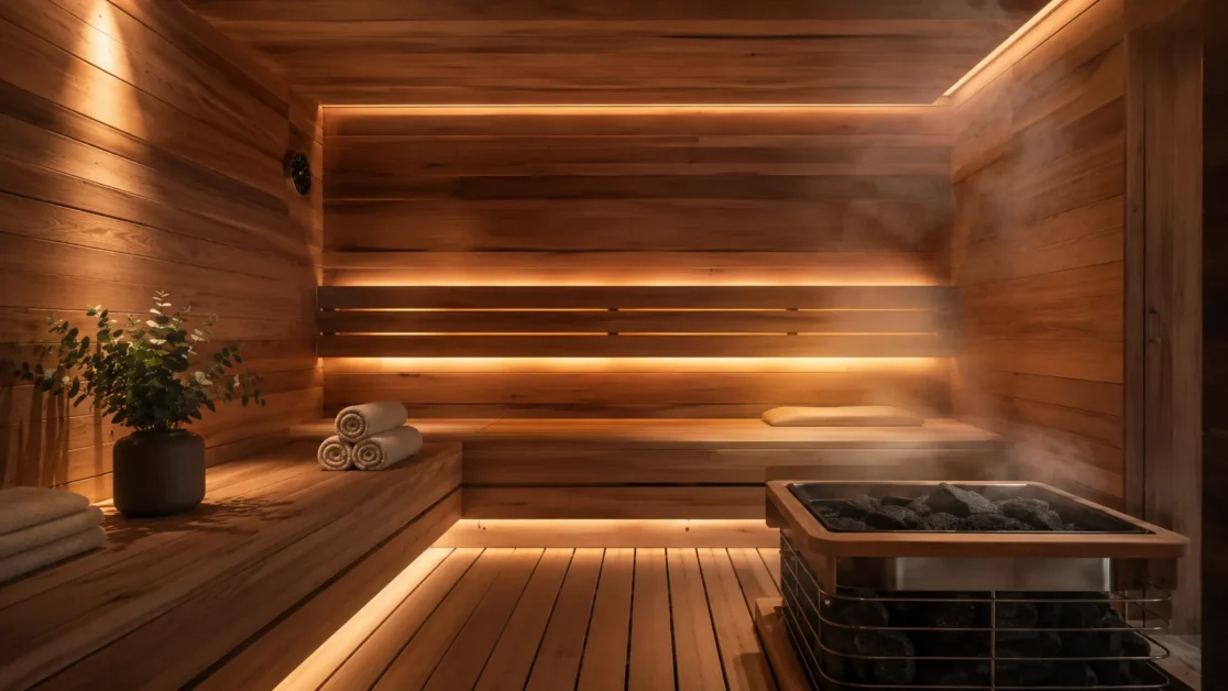 Modern sauna with hidden LED lighting behind the backrests and under cedar benches.