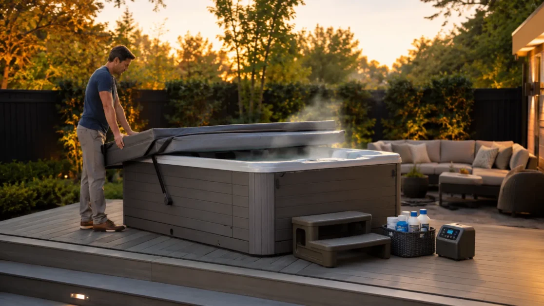 Homeowner closing insulated hot tub cover beside a clean backyard spa and accessories.