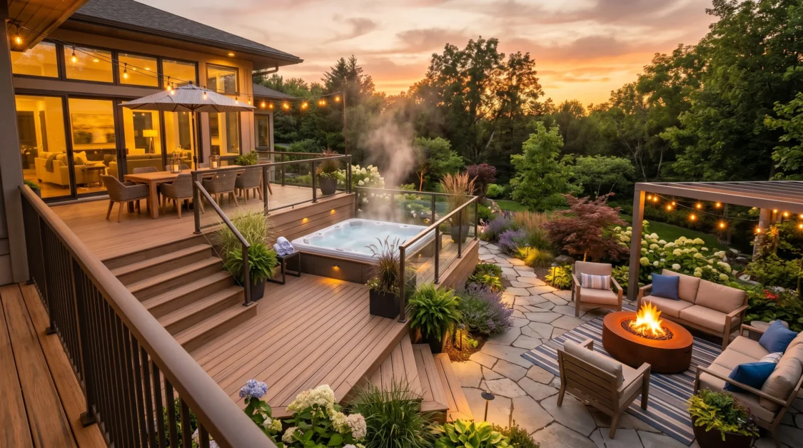 Backyard multi-level deck with hot tub, dining space, and lower fire pit lounge.