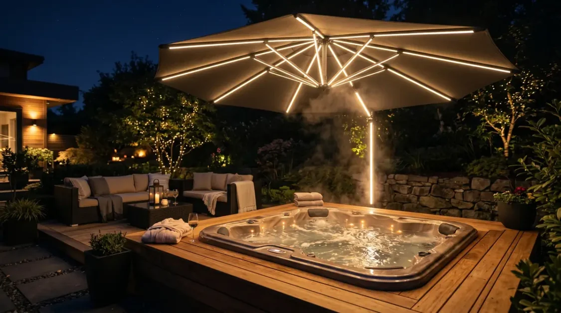 Steaming outdoor hot tub under lit umbrella with seating and plants at night