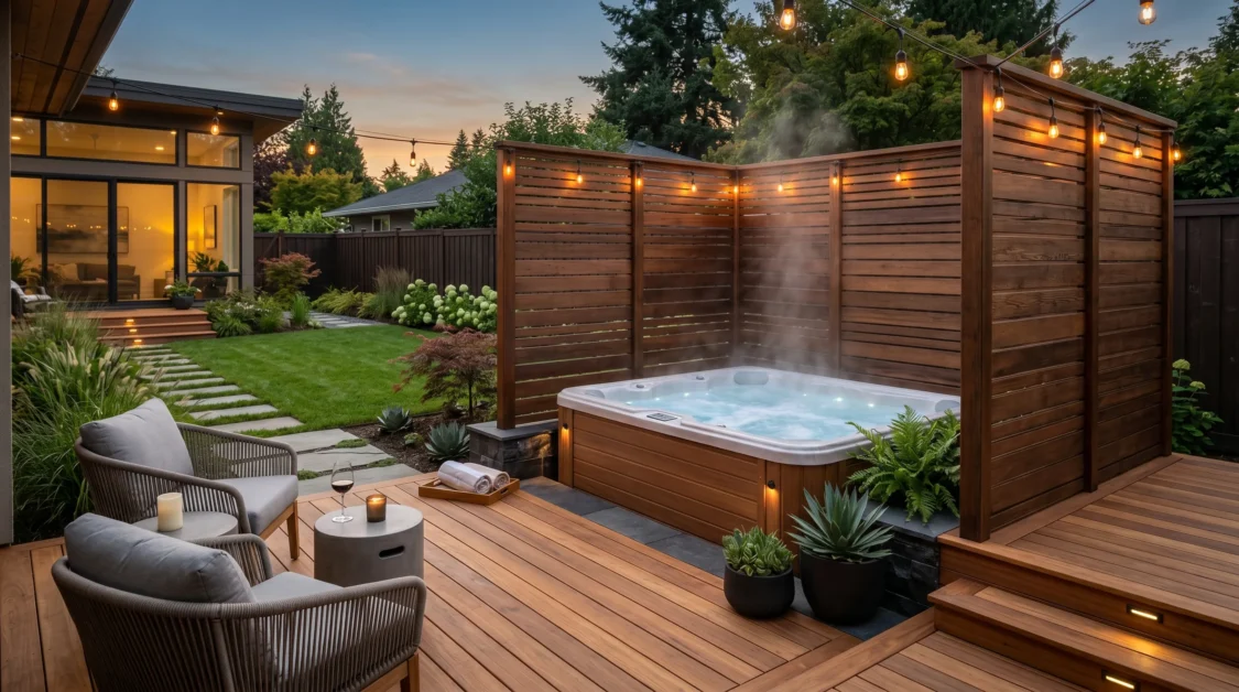 Backyard hot tub with partial wooden privacy fencing and open modern deck design.