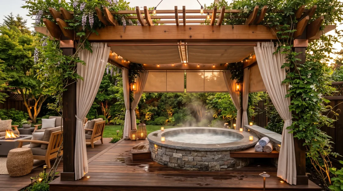 Hot tub under a pergola with curtains, vines, and cozy backyard lighting.