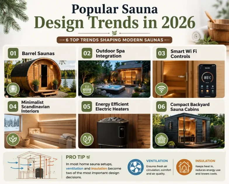 History of Sauna Bathing: Finnish Origins and Global Traditions 7 Collage showing various sauna design trends including barrel sauna, outdoor spa, smart controls, and backyard sauna cabins