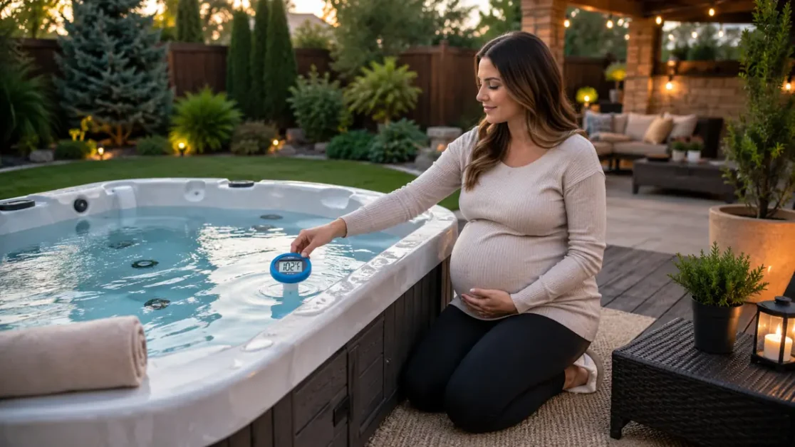 Pregnant woman kneeling by hot tub measuring water temperature with digital thermometer