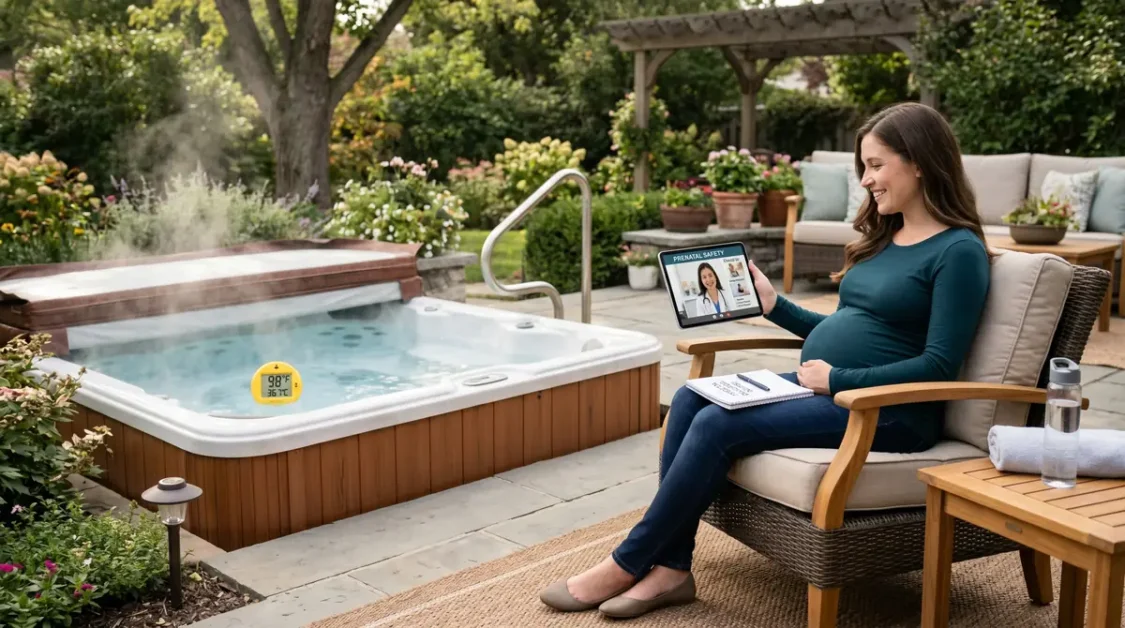 Pregnant woman sitting outdoors near a steaming hot tub, reading prenatal safety on a tablet