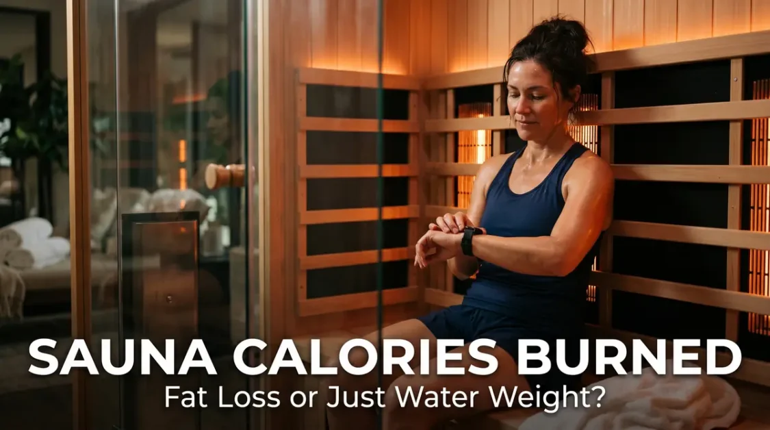 Sauna Calories Burned Calculator + Realistic Fat Loss Guide 3 Woman in sportswear checking smartwatch while sitting inside a wooden sauna