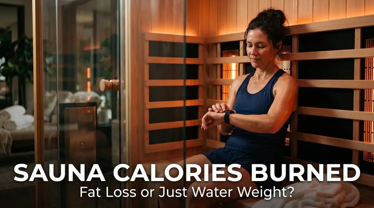Woman in sportswear checking smartwatch while sitting inside a wooden sauna