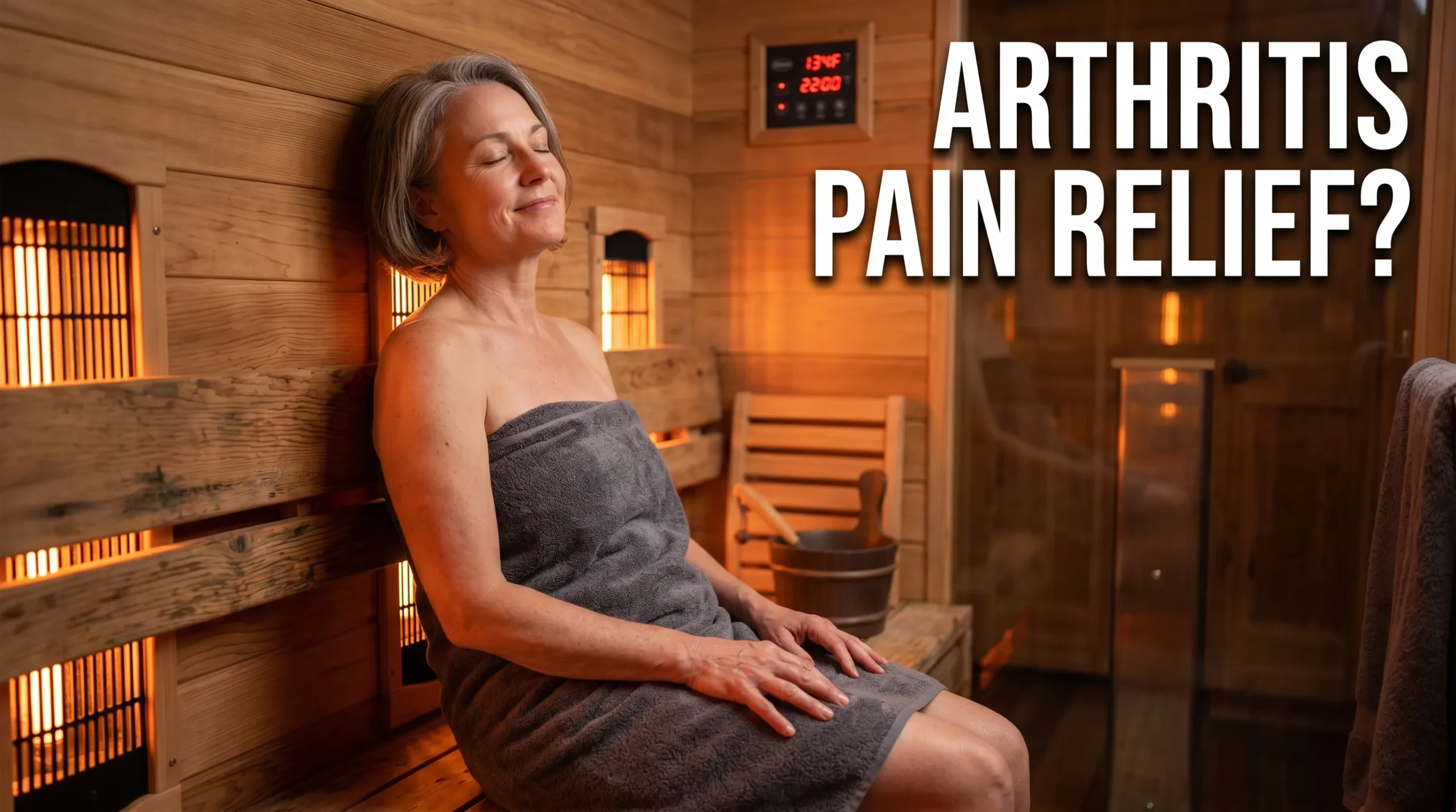 Person relaxing inside an infrared sauna for arthritis pain relief with visible warm wooden interior.