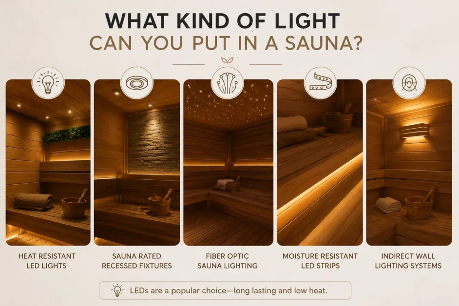 A info graphic that show 5 style of sauna lights.