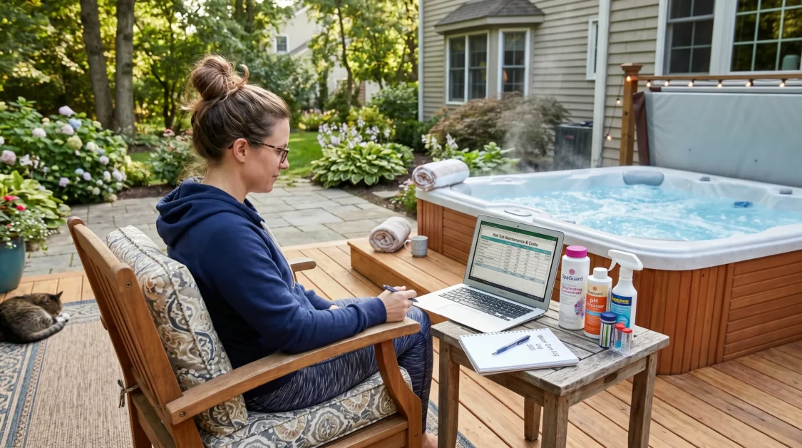 A homeowner using a laptop beside a backyard hot tub while reviewing maintenance costs and water care supplies.