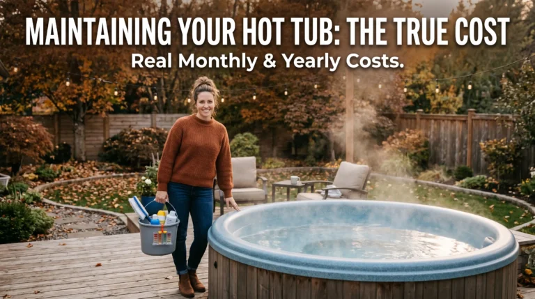 Homeowner maintaining a backyard hot tub with cost guide text overlay.