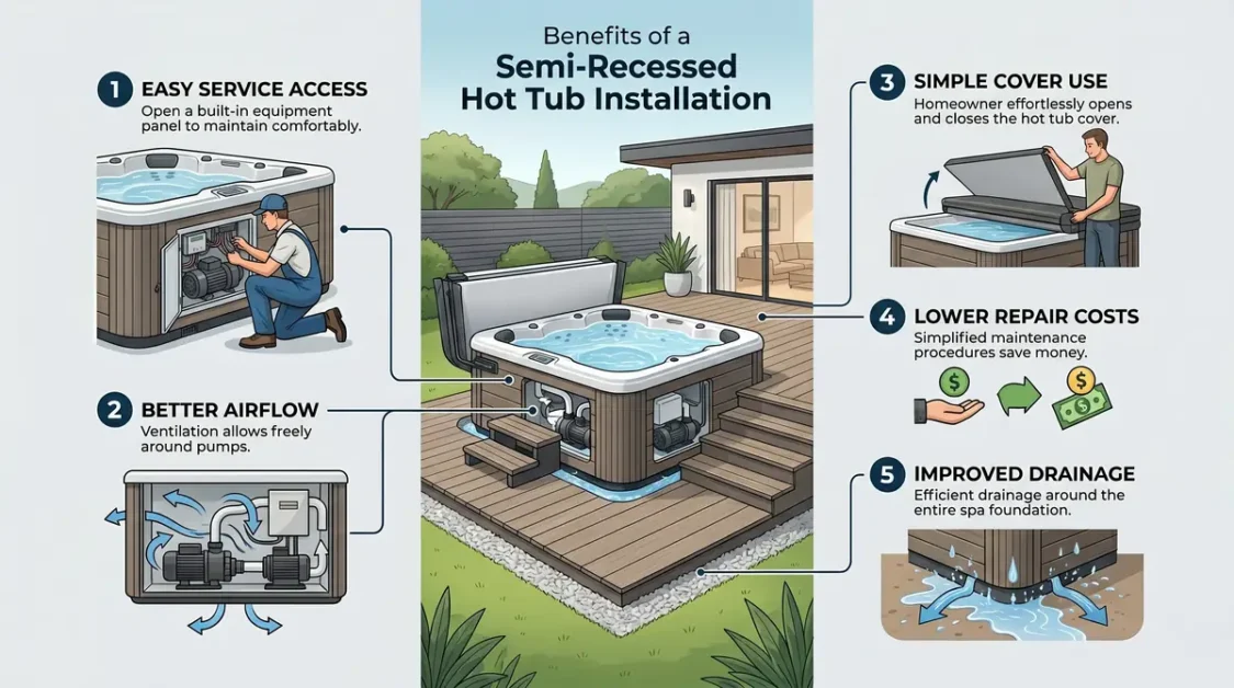 Illustration showing benefits of a semi-recessed hot tub installation on a deck