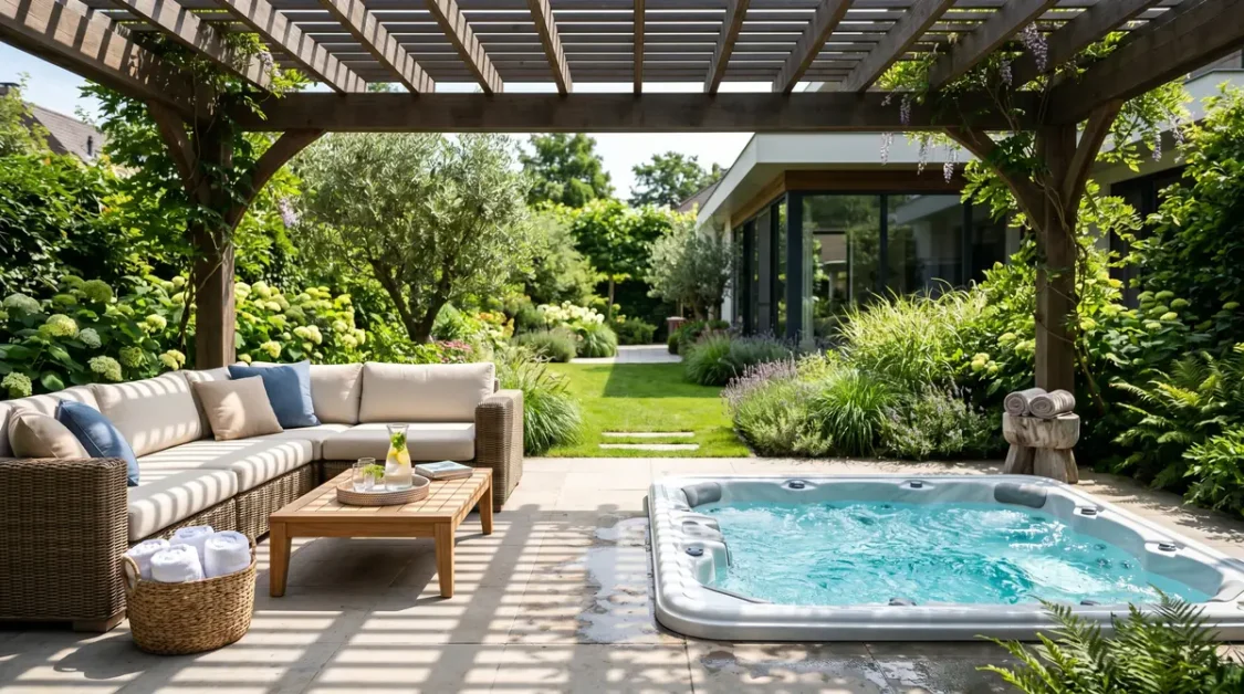 Outdoor seating area with beige cushioned sofa under wooden pergola beside a bubbling hot tub