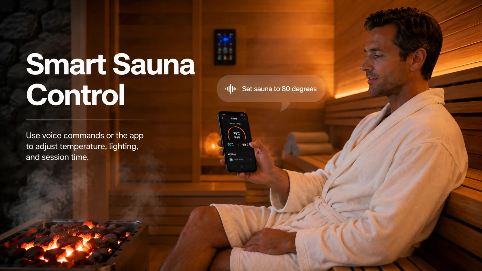 Person relaxing in wooden sauna using smartphone voice assistant with warm ambient lighting.