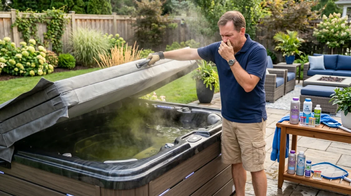 Homeowner reacting to strong odor while opening an outdoor hot tub cover.