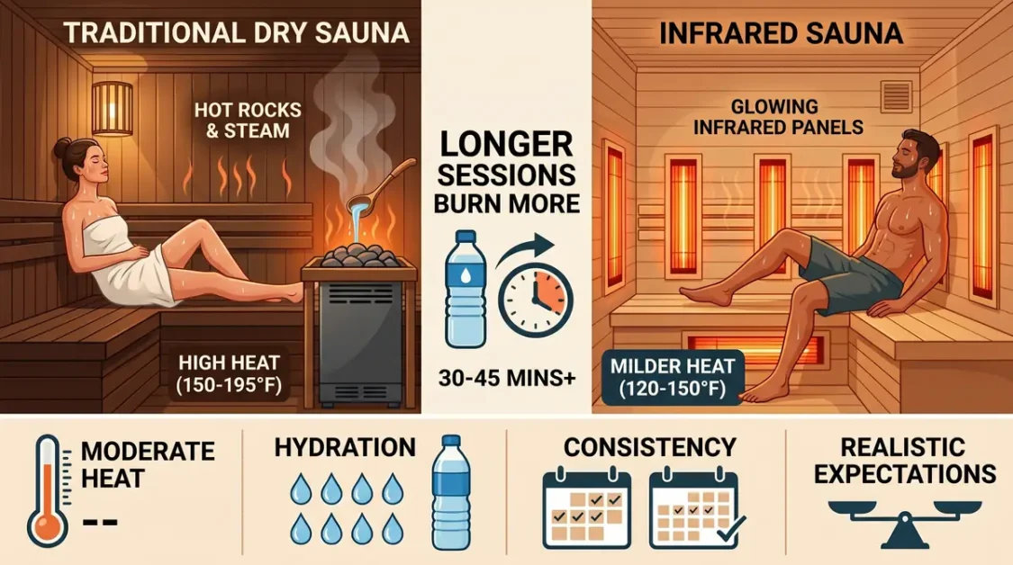 Traditional and infrared sauna calorie burn comparison infographic with hydration and session tips.
