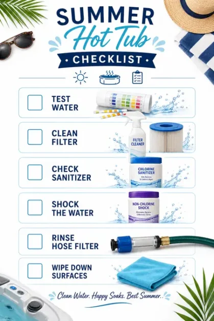 Checklist for hot tub maintenance with test water strips, filter cleaner, sanitizer, shock treatment, hose filter, and cleaning cloth