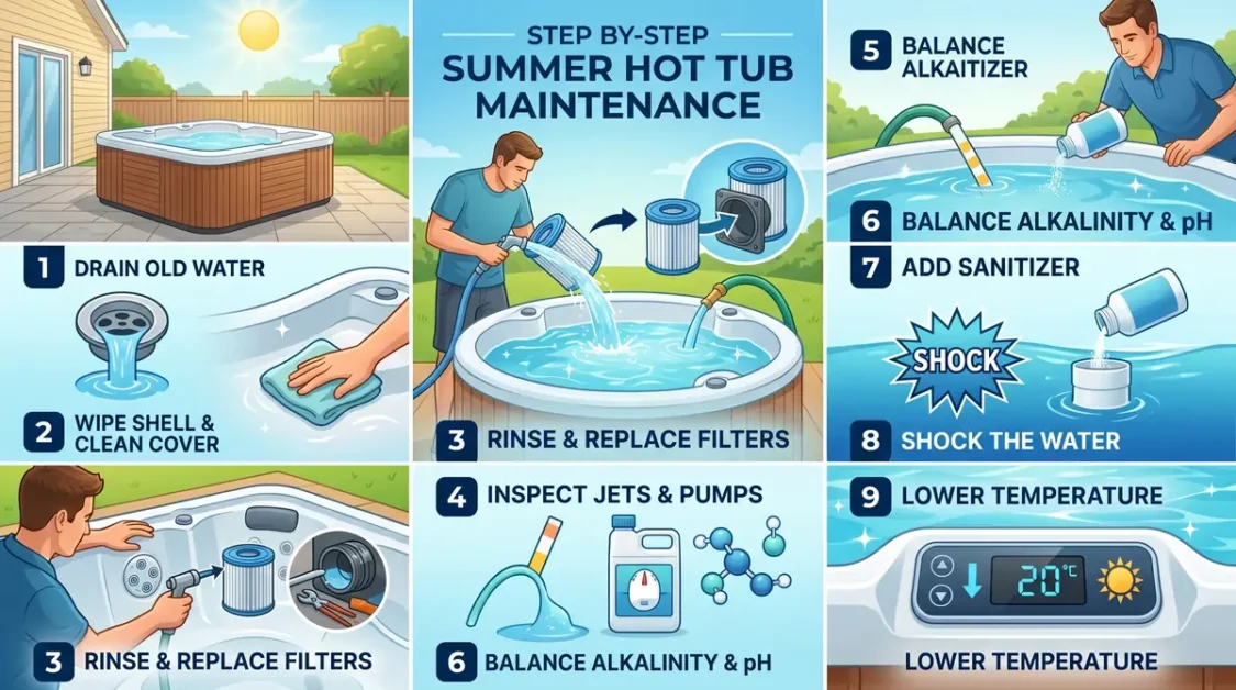 Illustration showing steps to maintain a hot tub in summer with draining, cleaning, and balancing water.