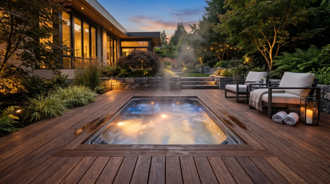 Modern sunken hot tub recessed into a wooden deck with ambient backyard lighting.