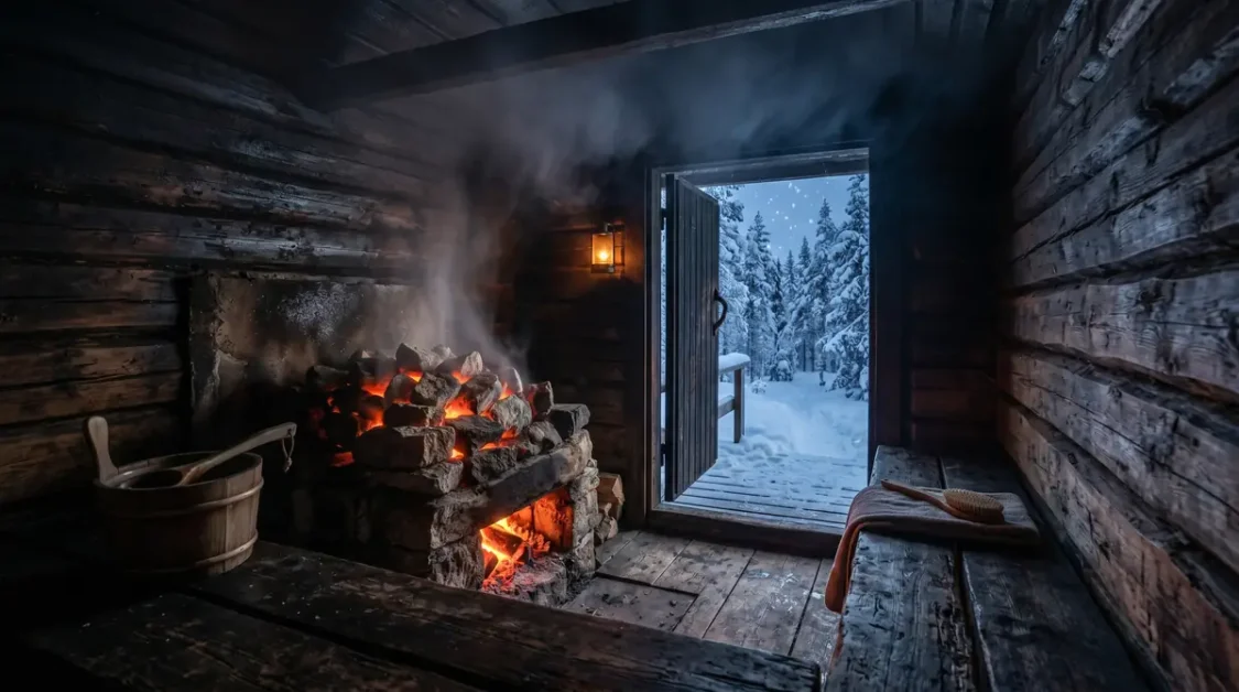History of Sauna Bathing: Finnish Origins and Global Traditions 3 Smoky traditional wooden sauna with glowing fire and open door to snowy forest