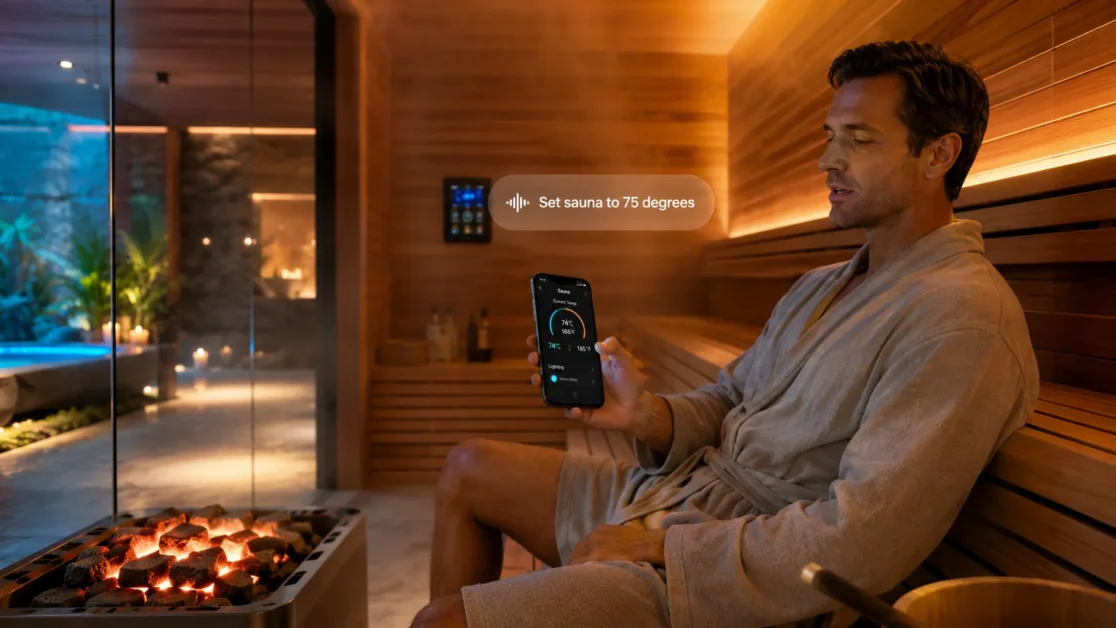 a relaxed person wearing robe and sitting inside the sauna while giving a voice command, smartphone in hand displaying a sleek sauna control app interface.
