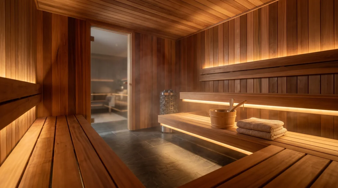 Warm LED lighting glowing beneath cedar sauna benches in a relaxing spa setting.