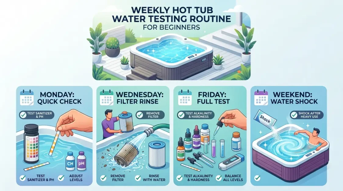 Illustration showing step-by-step weekly hot tub water testing routine with sanitizer, filter rinse, alkalinity test, and water shock