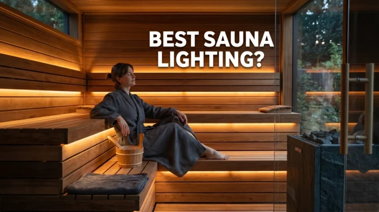 Modern cedar sauna with warm LED strip lighting and relaxing ambient glow.