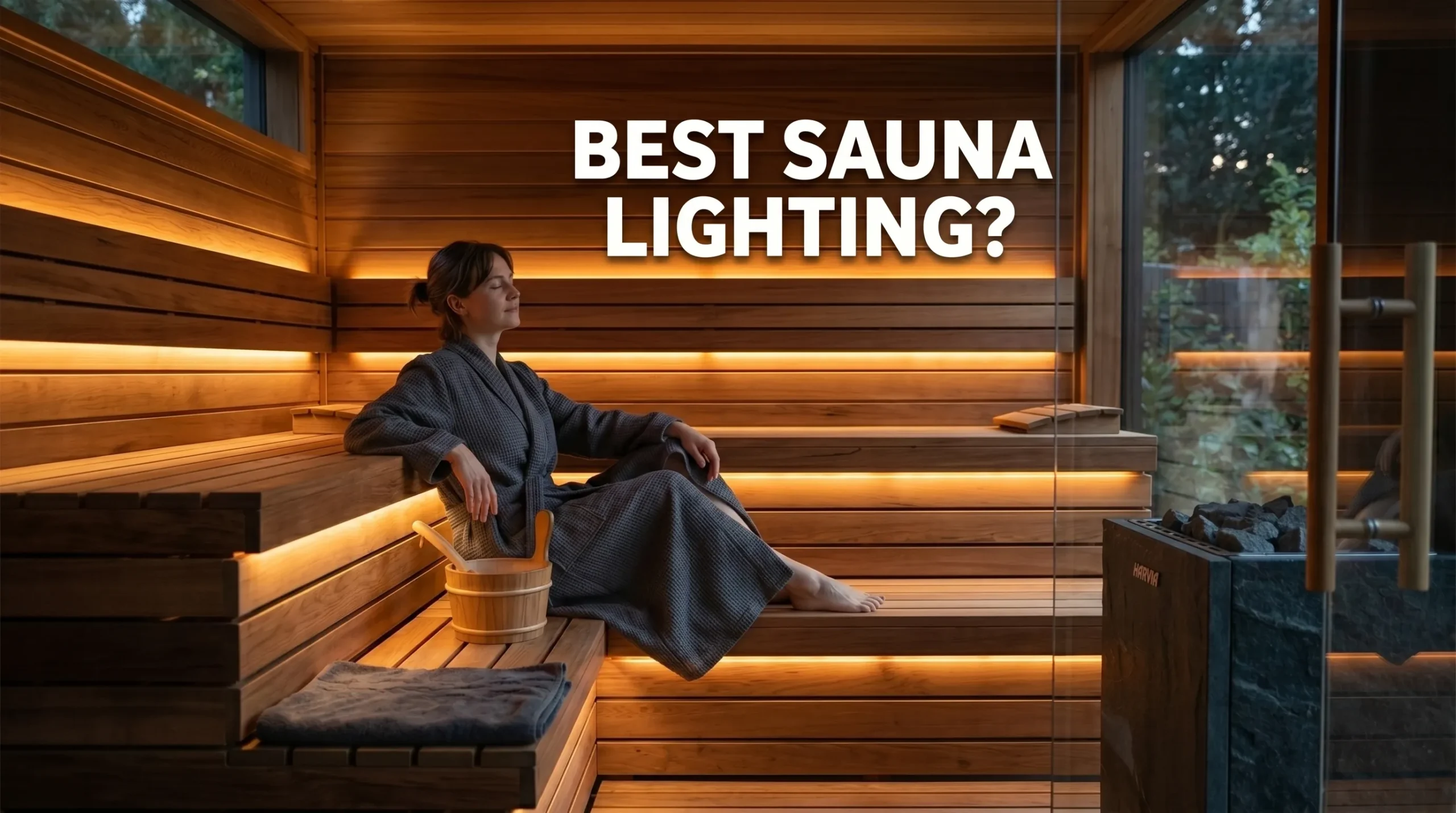 Modern cedar sauna with warm LED strip lighting and relaxing ambient glow.