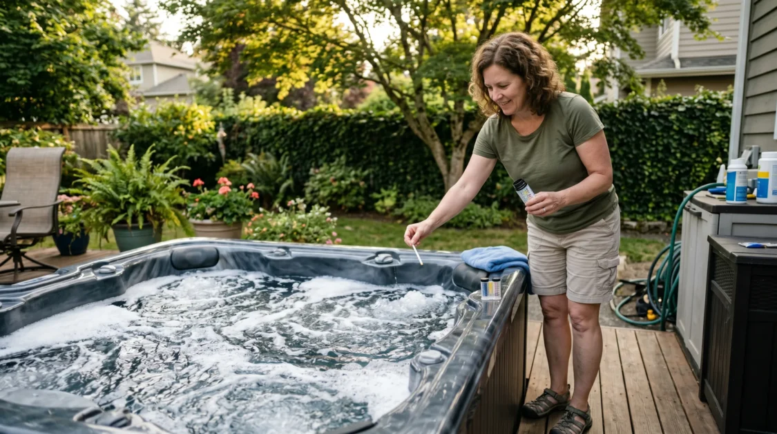 Why Is My Hot Tub Foamy? Causes, Fast Fixes, and Prevention Tips 8 A homeowner standing beside a bubbling hot tub with visible foam on the water surface while checking water chemistry with test strips.