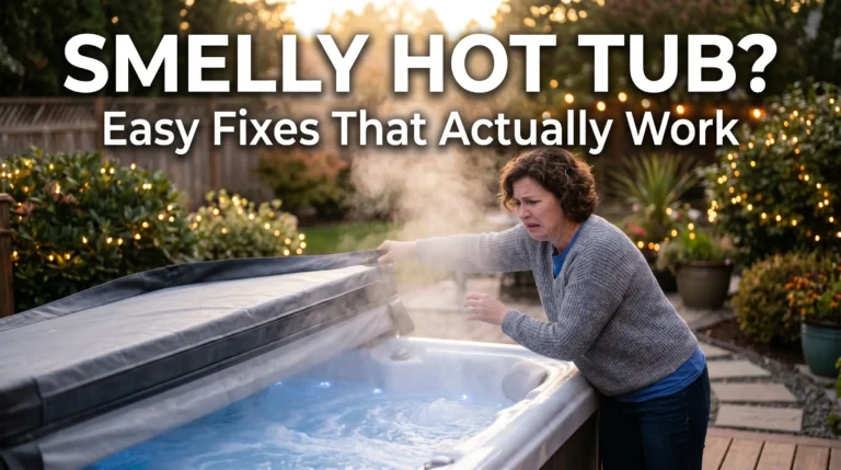 Homeowner opening a smelly hot tub on a backyard patio with title text about fixing hot tub odor problems.