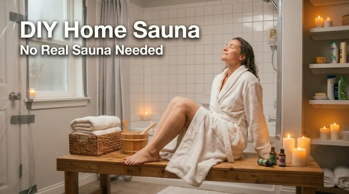 How to Create a DIY Home Sauna Experience Without a Sauna 2 Woman in white bathrobe sitting on a wooden bench in a bathroom with candles and towels