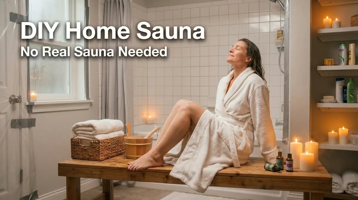 Woman in white bathrobe sitting on a wooden bench in a bathroom with candles and towels