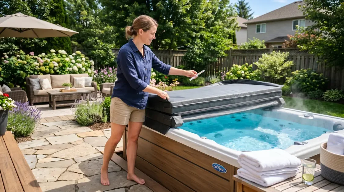 Woman checking water quality of outdoor hot tub with cover partially open in sunny backyard