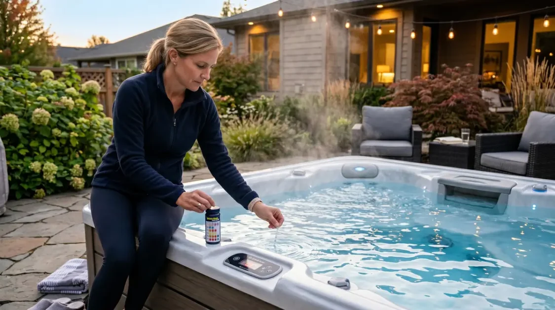 What Is a Hot Tub and How Does It Work? 4 Woman sitting by hot tub testing water with a test strip in backyard