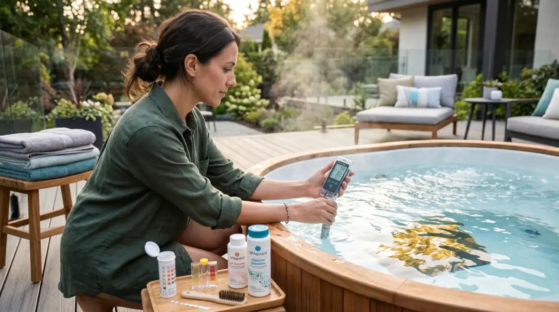 Woman checking water quality in an outdoor wooden hot tub with testing device