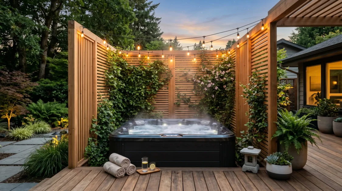 Backyard hot tub with wooden privacy screens, climbing plants, and warm outdoor lighting.