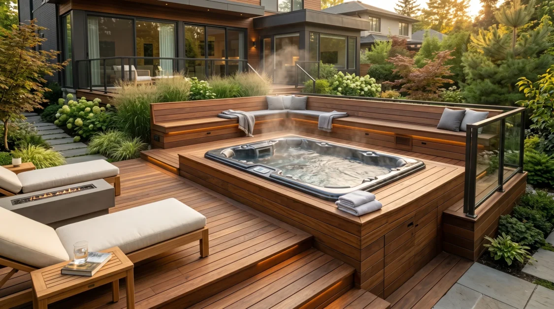 Elevated backyard hot tub surrounded by a spacious wooden wraparound deck and seating.
