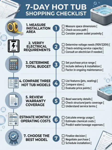 Checklist infographic outlining seven steps for shopping a hot tub with icons and a hot tub image