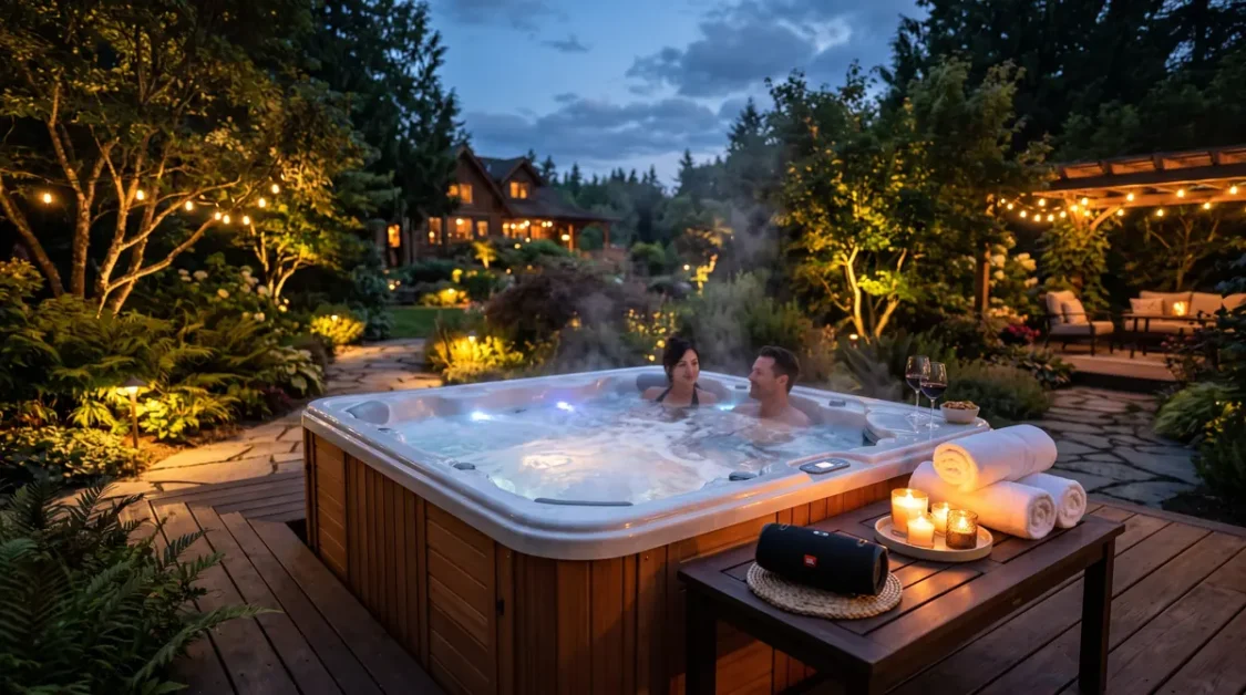 A couple relaxing in a hot tub in a garden with string lights and candles at dusk