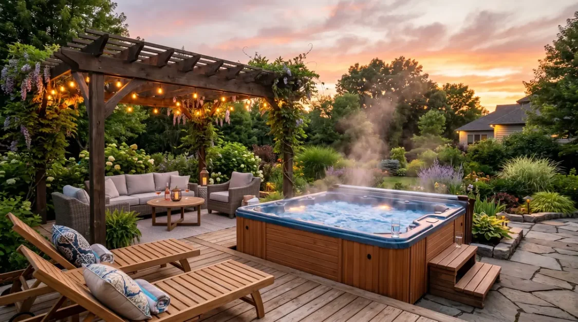 Hot tub with steam next to wooden loungers and a pergola with string lights at sunset
